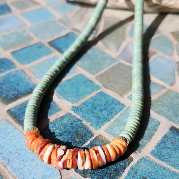 Sterling Silver Genuine Turquoise Spiny Oyster Necklace - Picture 1 of 14